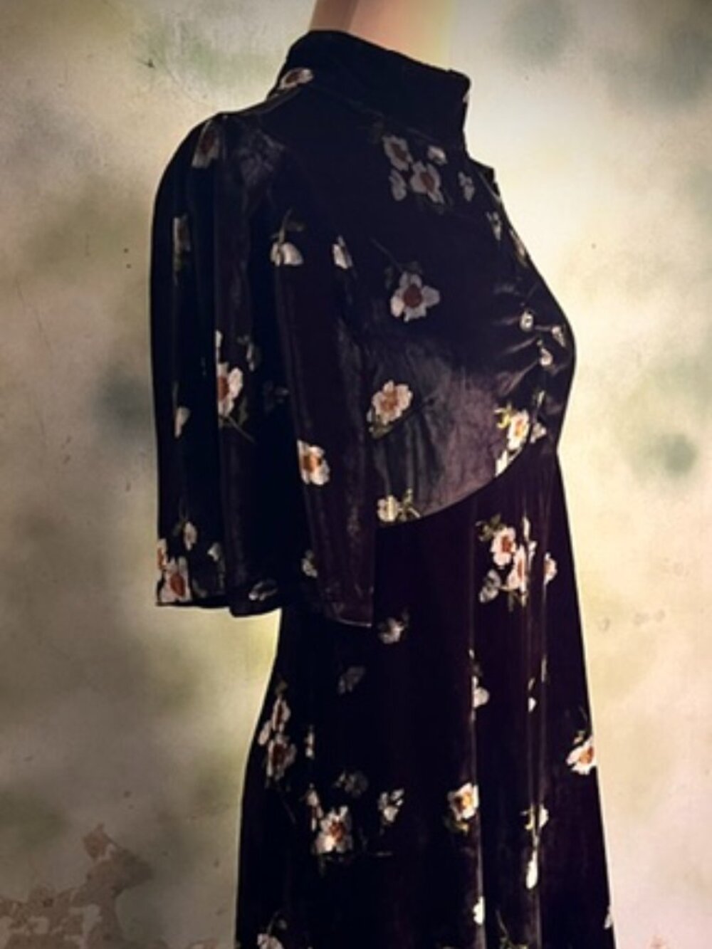 Free People Black Floral Velvet Dress Mock Neck Button Back Boho Romantic